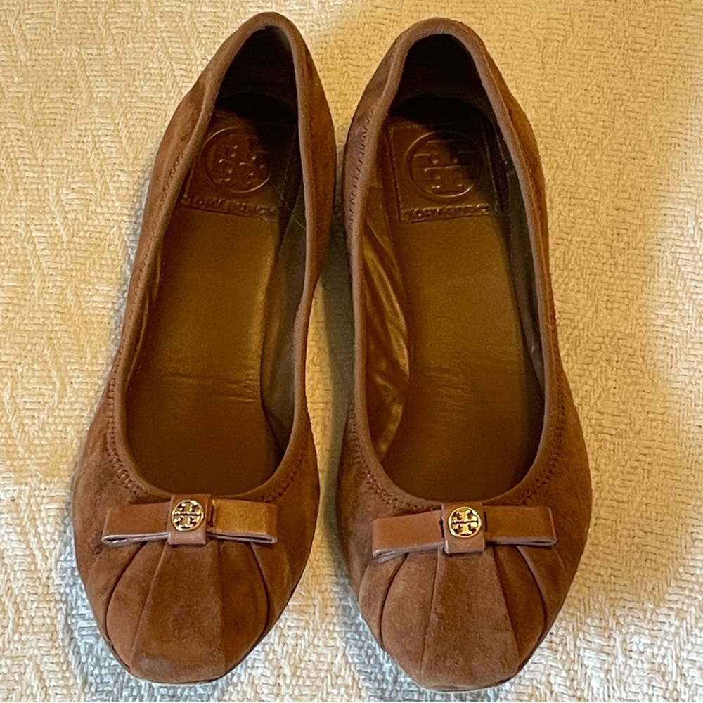 Tory Burch Suede Leather Ally Bow Ballet Flat size 7M Brown slip on pleated